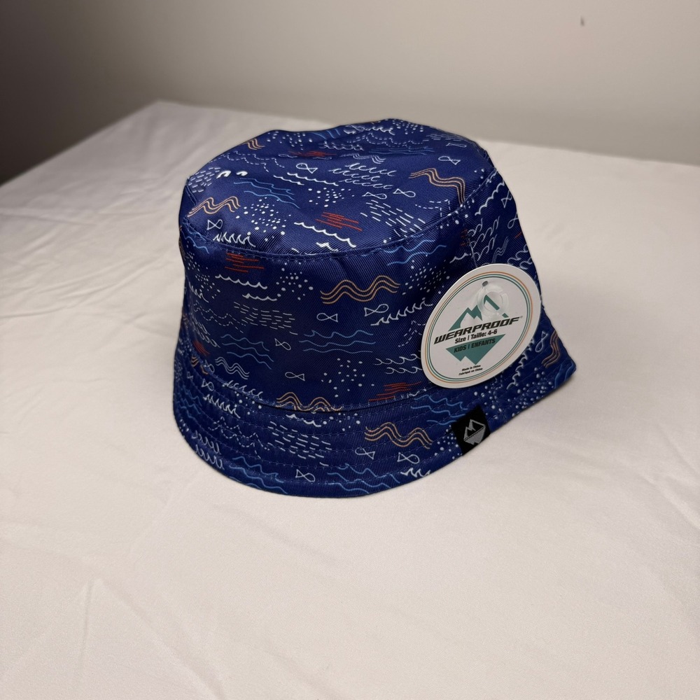 ✨3 for $15 Wearproof‎ Kids Bucket Hat Navy Blue Nautical Wave Fish Sun Hat 4-6T
